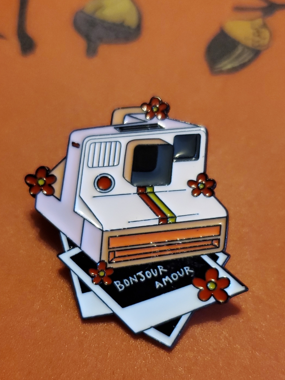 Retro Instant Camera Enamel Pin — White & Orange